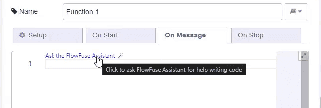 Screenshot showing the "Ask the FlowFuse Assistant" button available in the function node